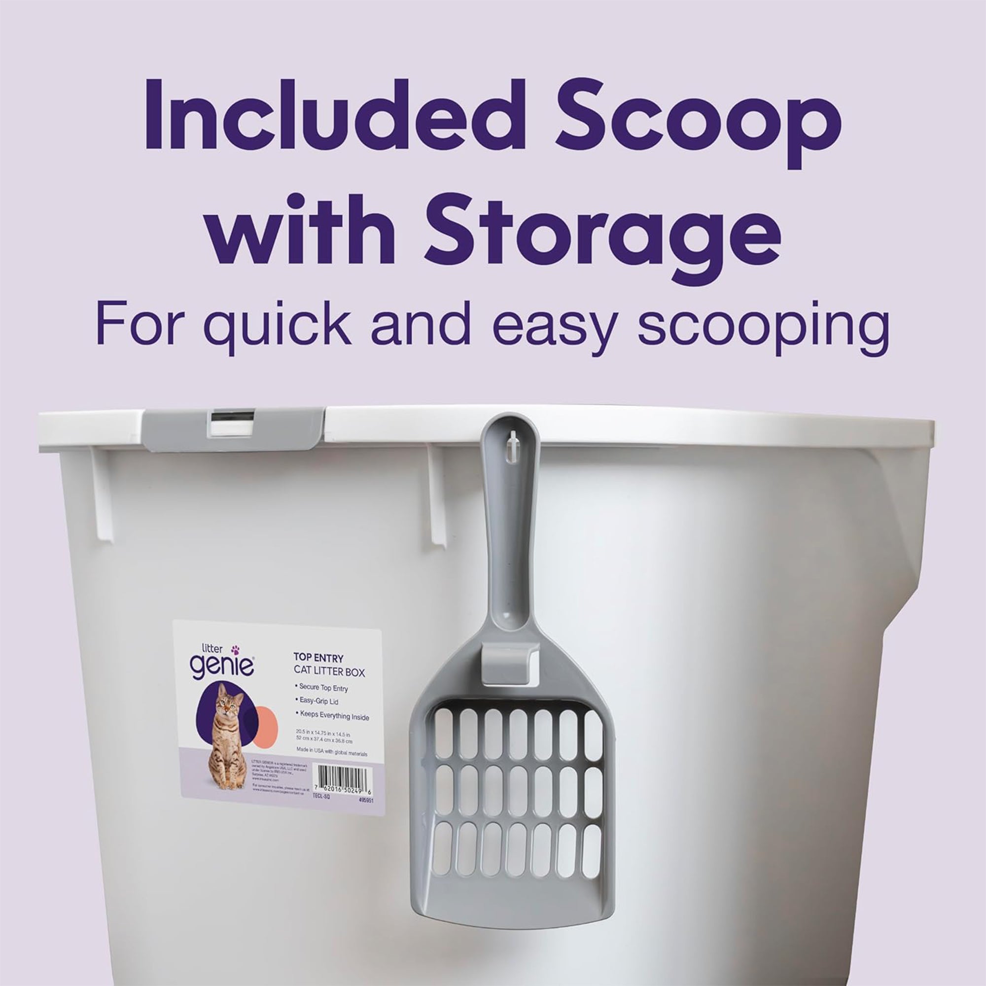 Litter Genie Large Cat Litter Box, Top Entry w/ Catching Lid & Scoop, White/Gray - VMInnovations