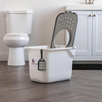Litter Genie Large Cat Litter Box, Top Entry w/ Catching Lid & Scoop, White/Gray - VMInnovations