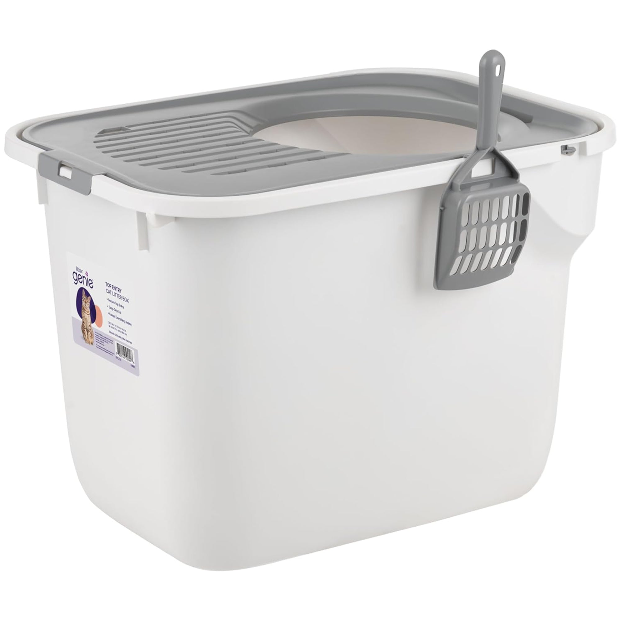 Litter Genie Large Cat Litter Box, Top Entry w/ Catching Lid & Scoop, White/Gray - VMInnovations