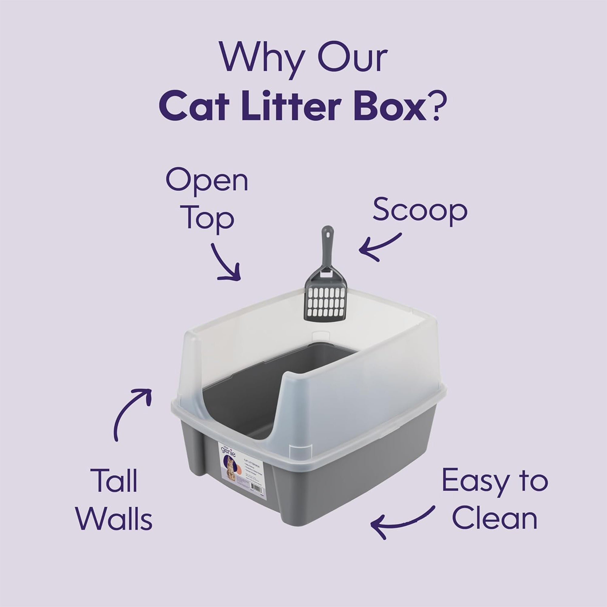 IRIS USA Large High Sided Cat Litter Box, Open Top, Scatter Shield, Scoop, Gray - VMInnovations