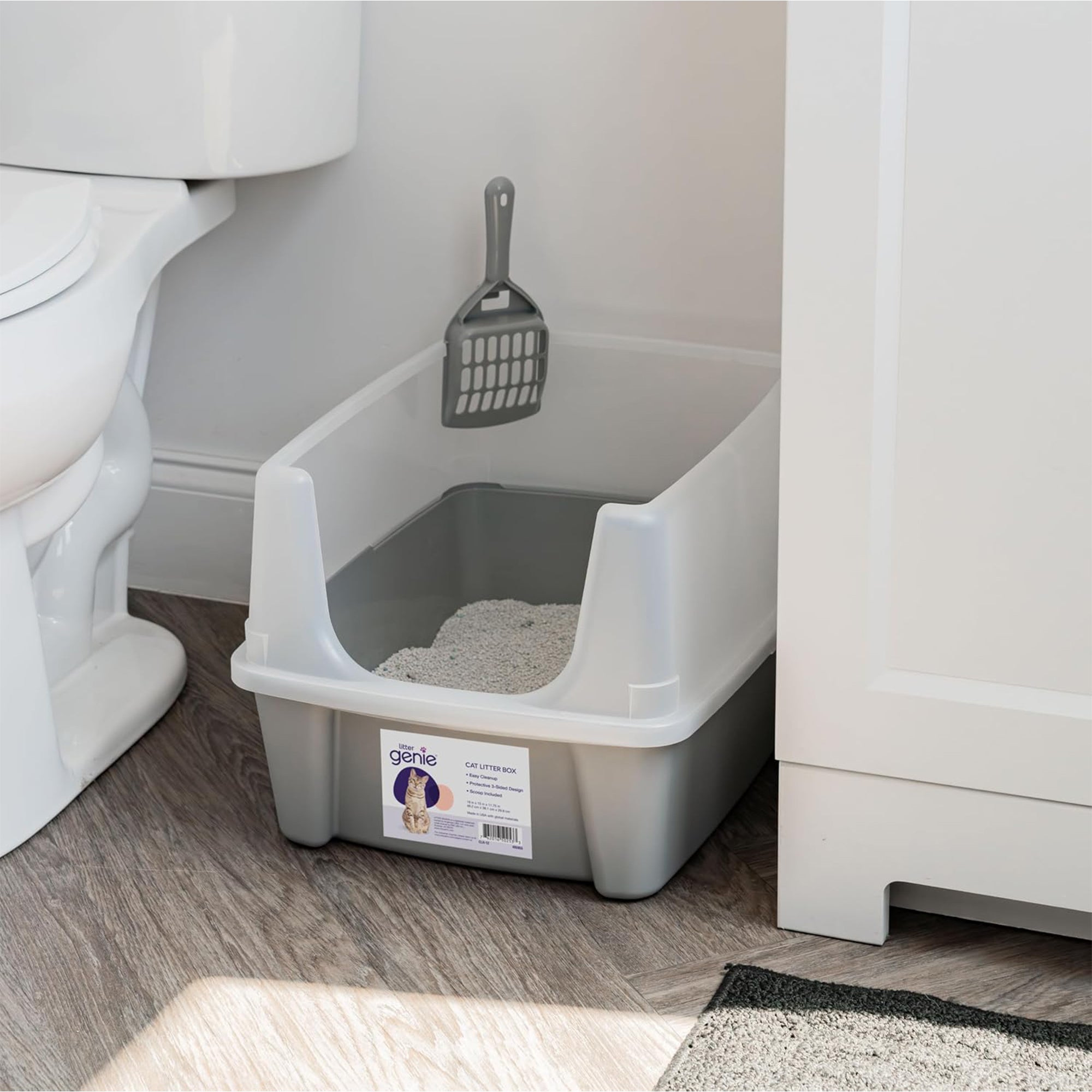 IRIS USA Large High Sided Cat Litter Box, Open Top, Scatter Shield, Scoop, Gray - VMInnovations