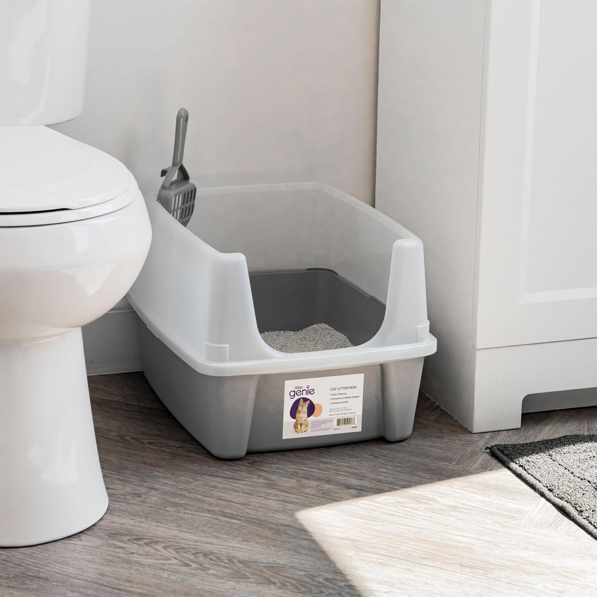 IRIS USA Large High Sided Cat Litter Box, Open Top, Scatter Shield, Scoop, Gray - VMInnovations