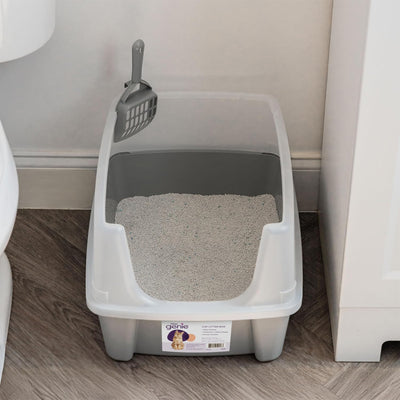 IRIS USA Large High Sided Cat Litter Box, Open Top, Scatter Shield, Scoop, Gray - VMInnovations