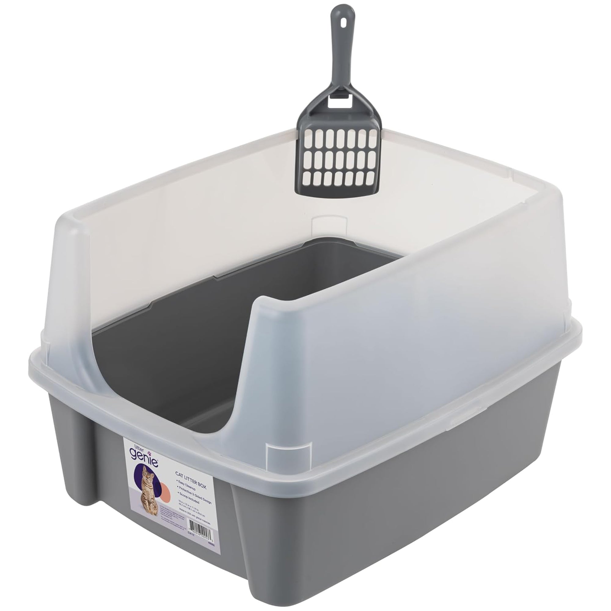 IRIS USA Large High Sided Cat Litter Box, Open Top, Scatter Shield, Scoop, Gray - VMInnovations
