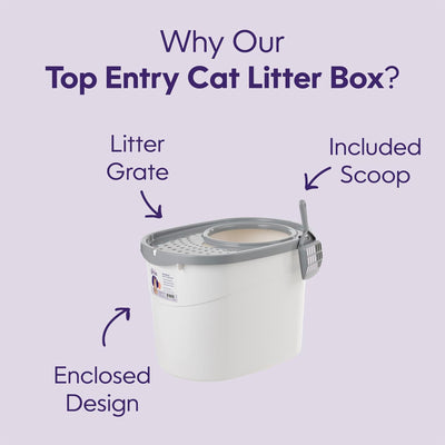 IRIS USA Cat Litter Box, Large Top Entry with Catching Lid & Scoop, White/Gray - VMInnovations