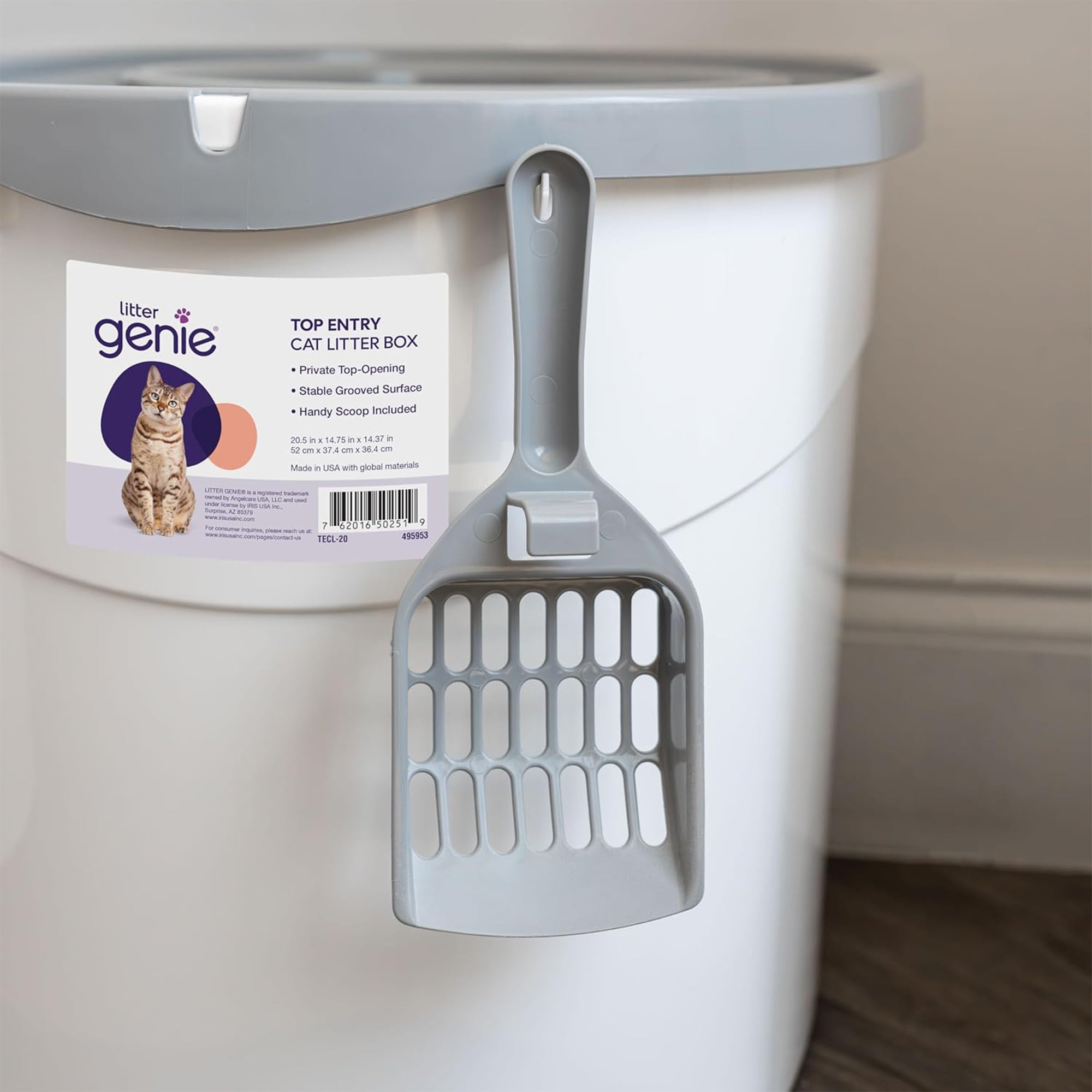 IRIS USA Cat Litter Box, Large Top Entry with Catching Lid & Scoop, White/Gray - VMInnovations