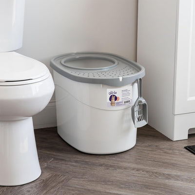IRIS USA Cat Litter Box, Large Top Entry with Catching Lid & Scoop, White/Gray - VMInnovations