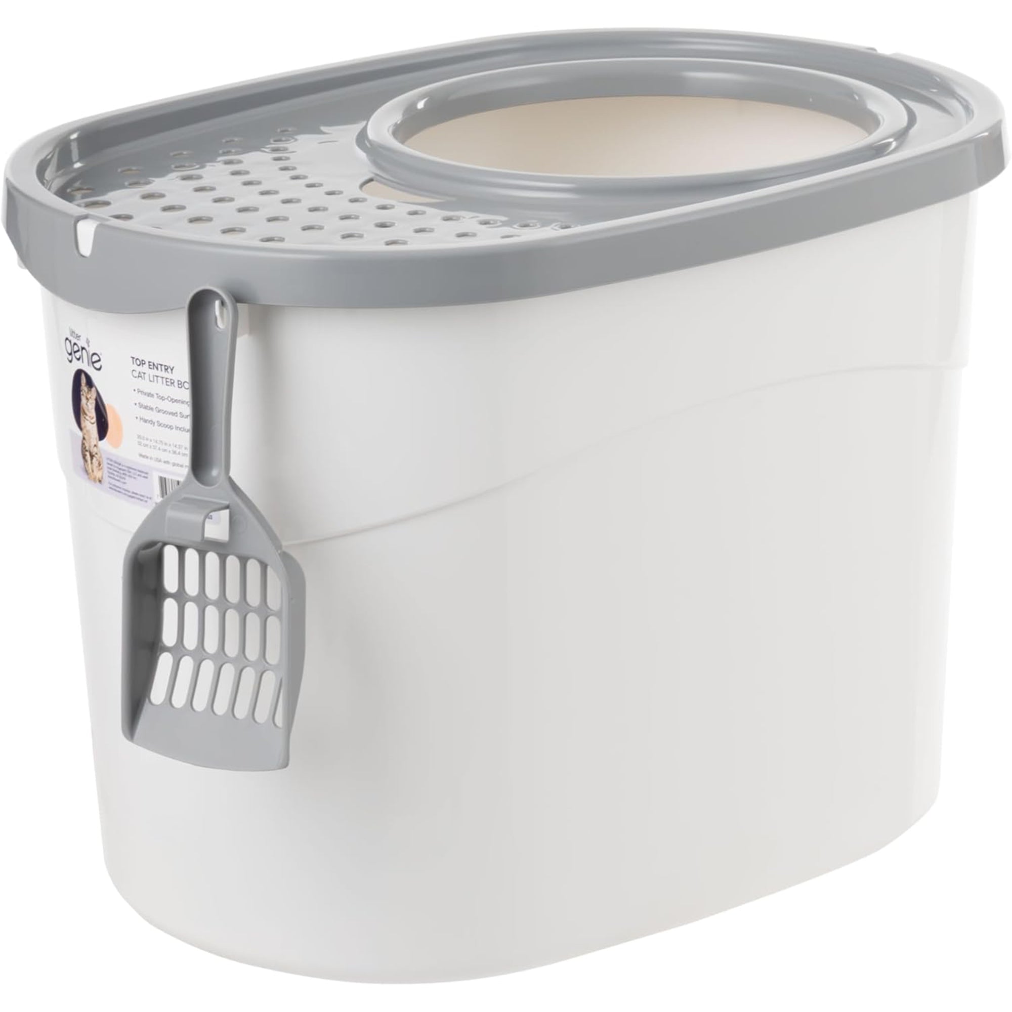IRIS USA Cat Litter Box, Large Top Entry with Catching Lid & Scoop, White/Gray - VMInnovations