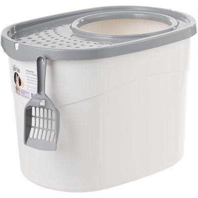 IRIS USA Cat Litter Box, Large Top Entry with Catching Lid & Scoop, White/Gray - VMInnovations