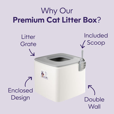 Litter Genie Cat Litter Box, Square Top Entry w/Catching Lid & Scoop, White/Gray - VMInnovations