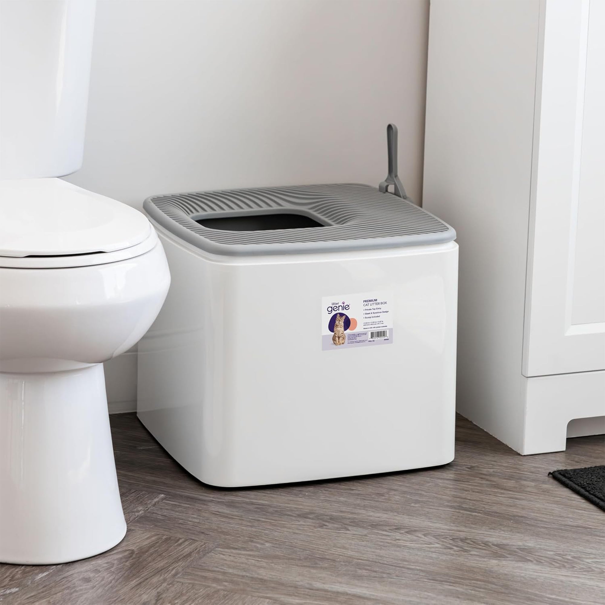 Litter Genie Cat Litter Box, Square Top Entry w/Catching Lid & Scoop, White/Gray - VMInnovations