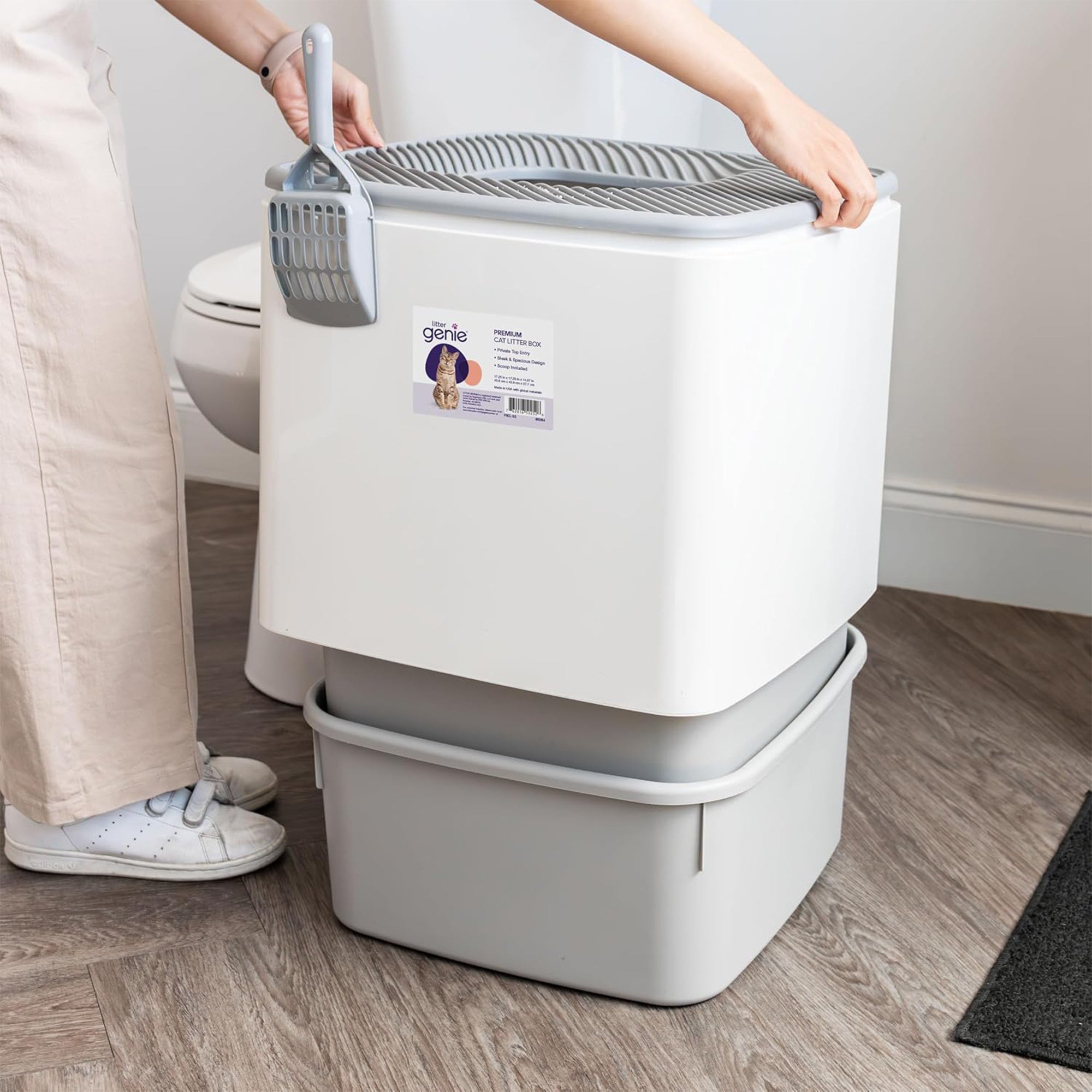 Litter Genie Cat Litter Box, Square Top Entry w/Catching Lid & Scoop, White/Gray - VMInnovations