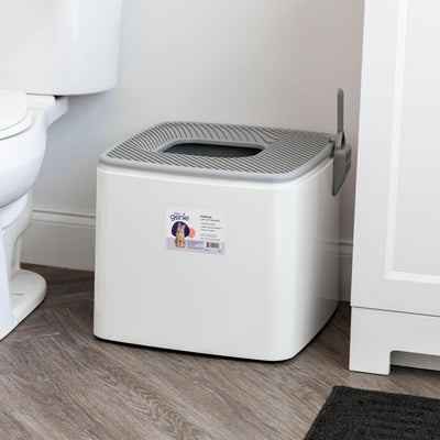 Litter Genie Cat Litter Box, Square Top Entry w/Catching Lid & Scoop, White/Gray - VMInnovations