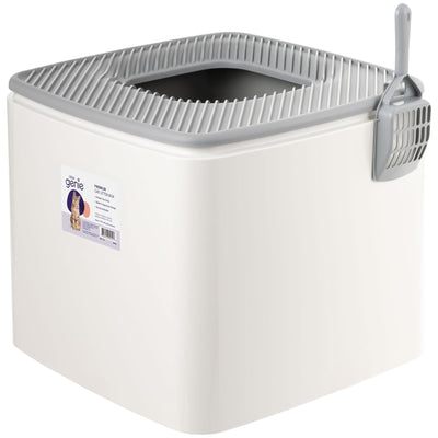 Litter Genie Cat Litter Box, Square Top Entry w/Catching Lid & Scoop, White/Gray - VMInnovations