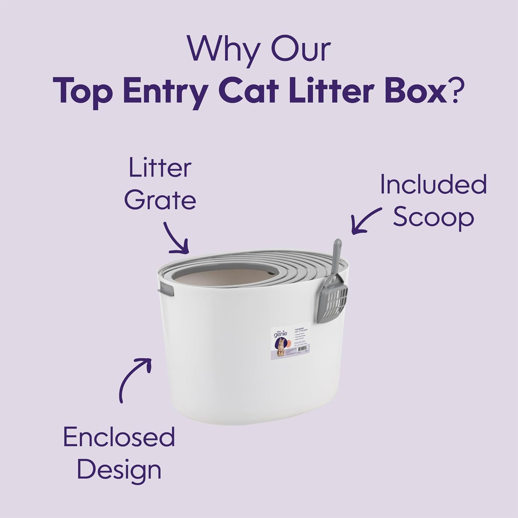 Litter Genie Cat Litter Box, Round Top Entry w/ Catching Lid & Scoop, White/Gray - VMInnovations