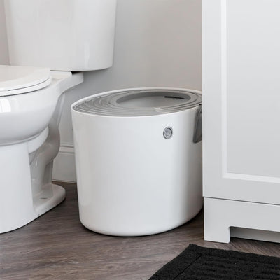 Litter Genie Cat Litter Box, Round Top Entry w/ Catching Lid & Scoop, White/Gray - VMInnovations