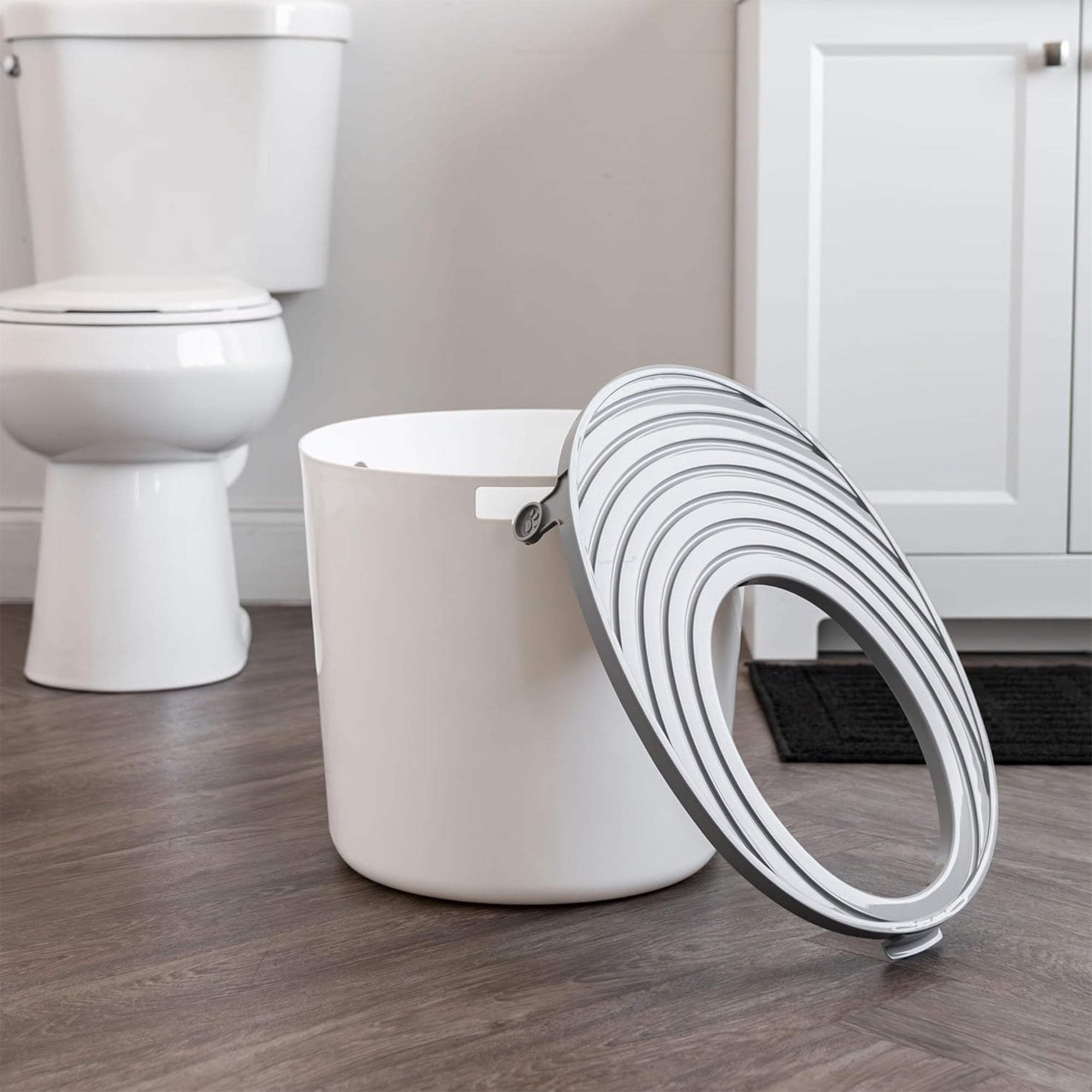 Litter Genie Cat Litter Box, Round Top Entry w/ Catching Lid & Scoop, White/Gray - VMInnovations