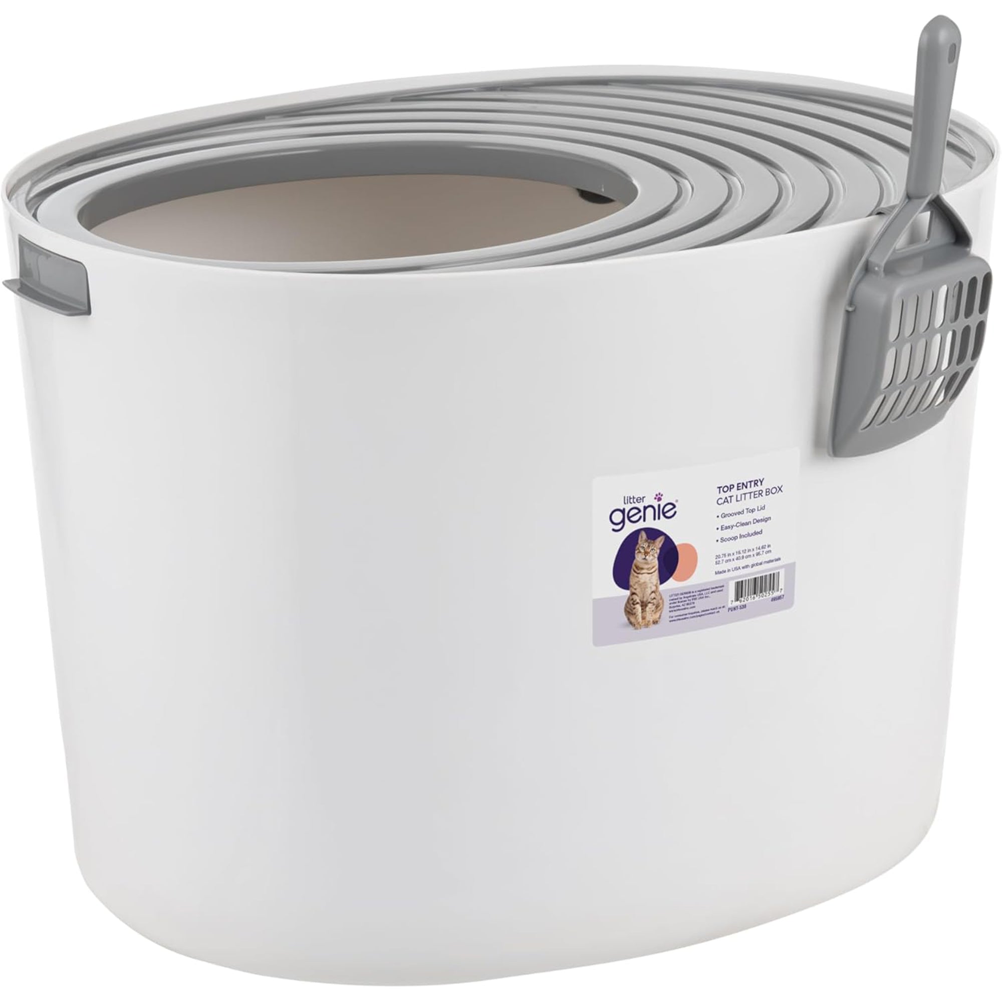 Litter Genie Cat Litter Box, Round Top Entry w/ Catching Lid & Scoop, White/Gray - VMInnovations