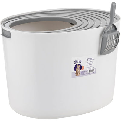 Litter Genie Cat Litter Box, Round Top Entry w/ Catching Lid & Scoop, White/Gray - VMInnovations
