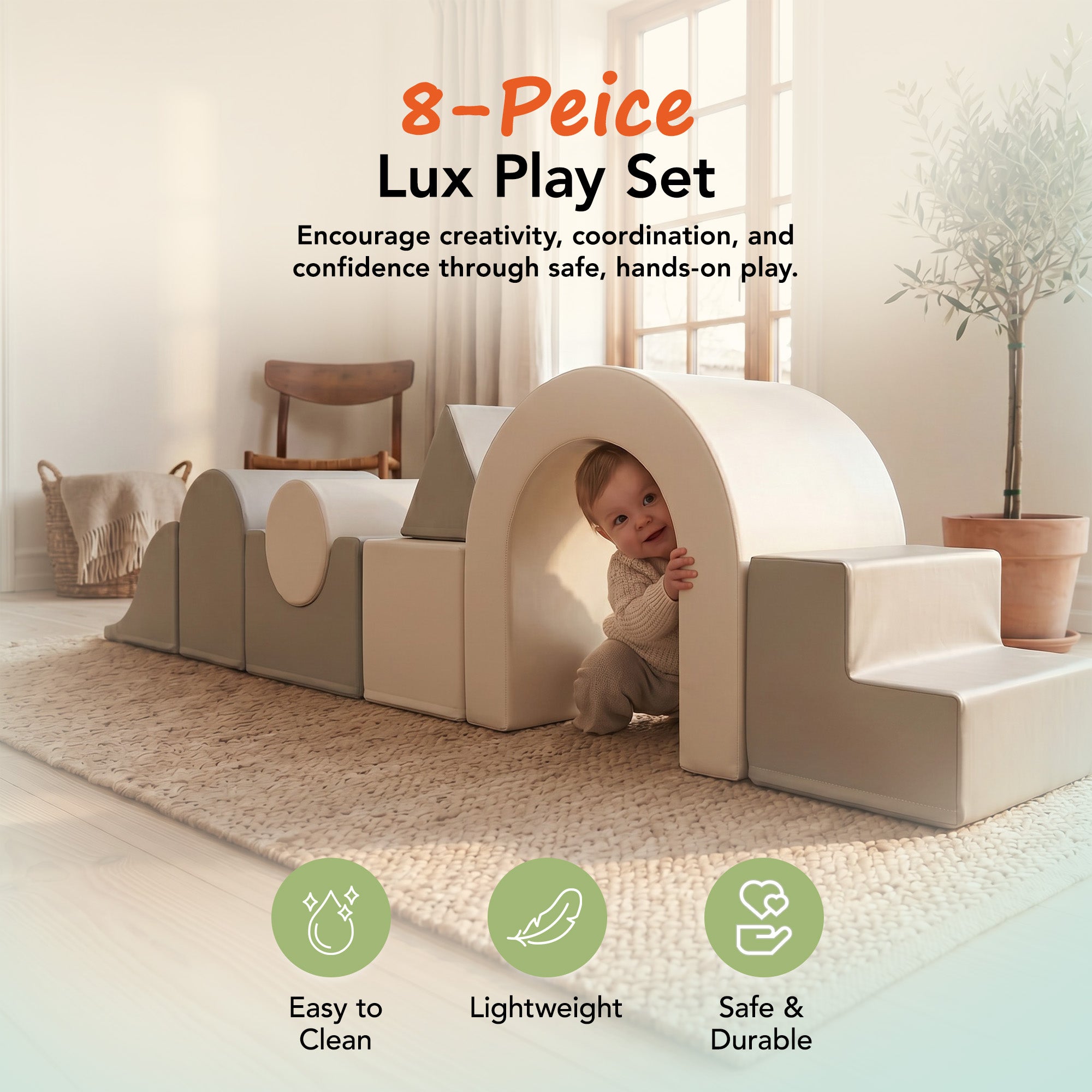 KIDKII Lux Play Set 8-Piece Foam Climbing & Motor Skill Play Kit, Grey/White - VMInnovations