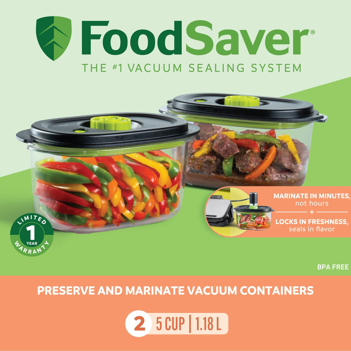 FoodSaver 5-Cup Preserve and Marinate Vacuum Containers, 2 Pack (Open Box)