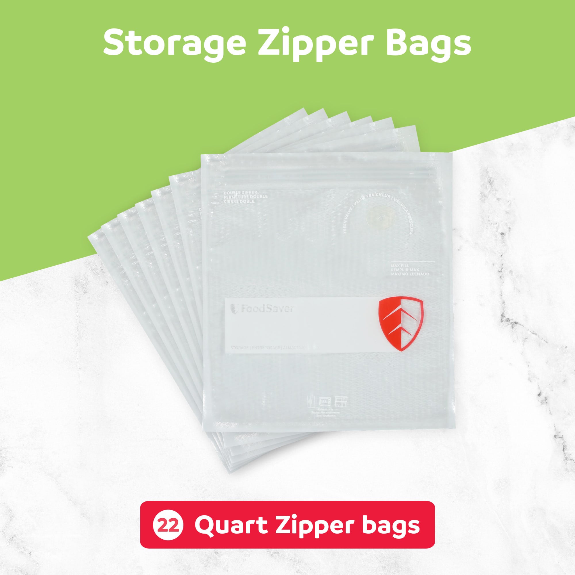 FoodSaver 22 Pack Reusable Quart Vacuum Zipper Bags, BPA-Free Freezer Storage