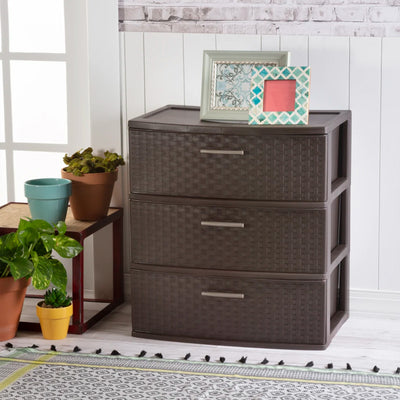 Sterilite 3 Drawer Wide Storage Tower, Weave Home Organizer, Espresso, 4 Pack