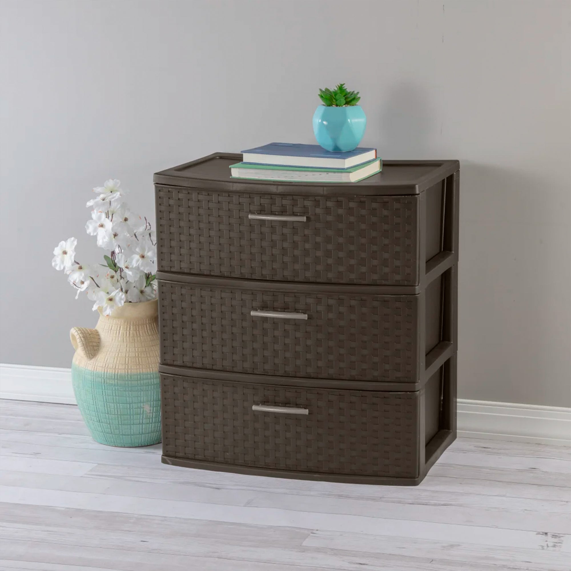 Sterilite 3 Drawer Wide Storage Tower, Weave Home Organizer, Espresso, 3 Pack