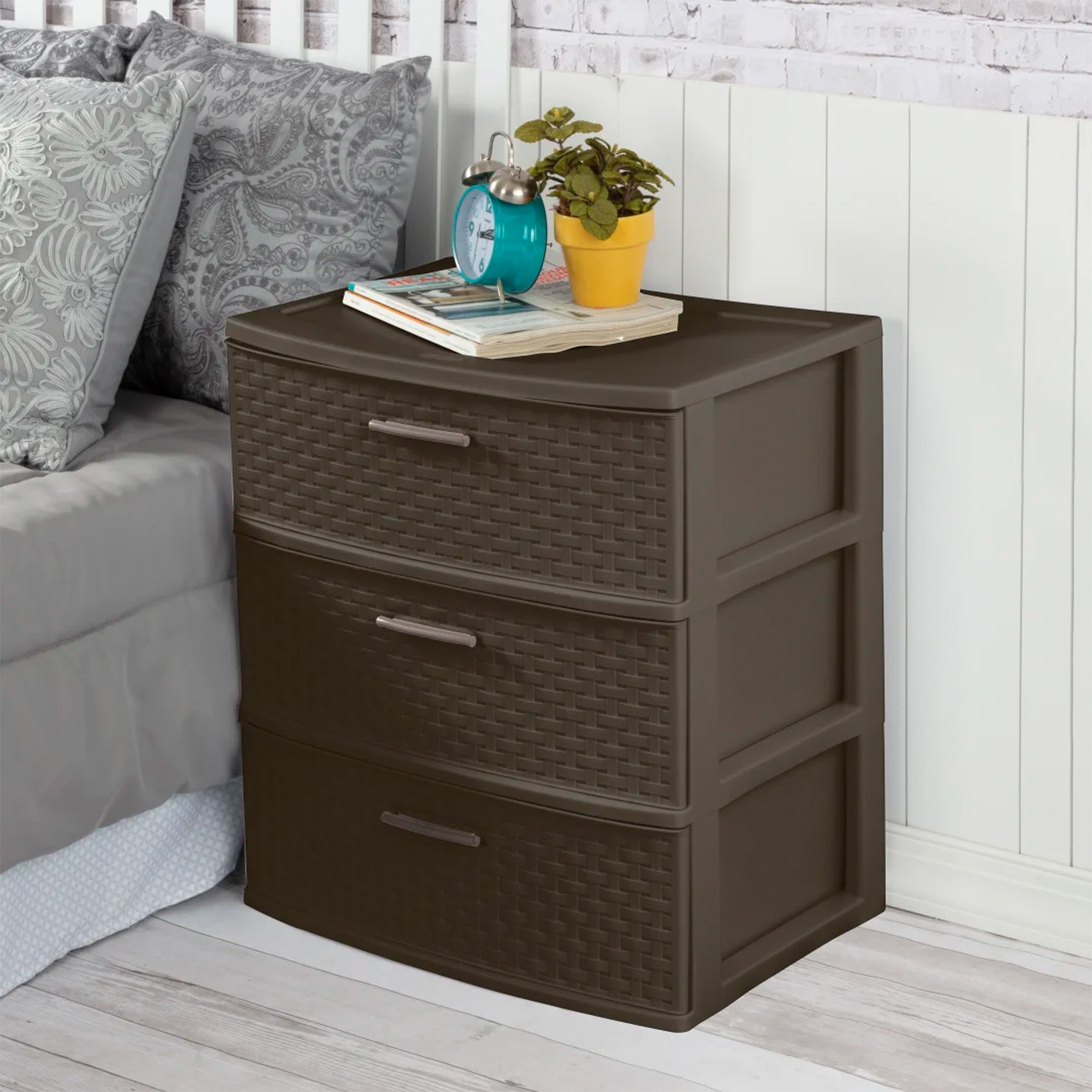 Sterilite 3 Drawer Wide Storage Tower, Weave Home Organizer, Espresso, 3 Pack