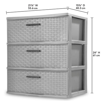 Sterilite 3 Drawer Wide Storage Tower, Plastic Weave Organizer, Cement, 2 Pack