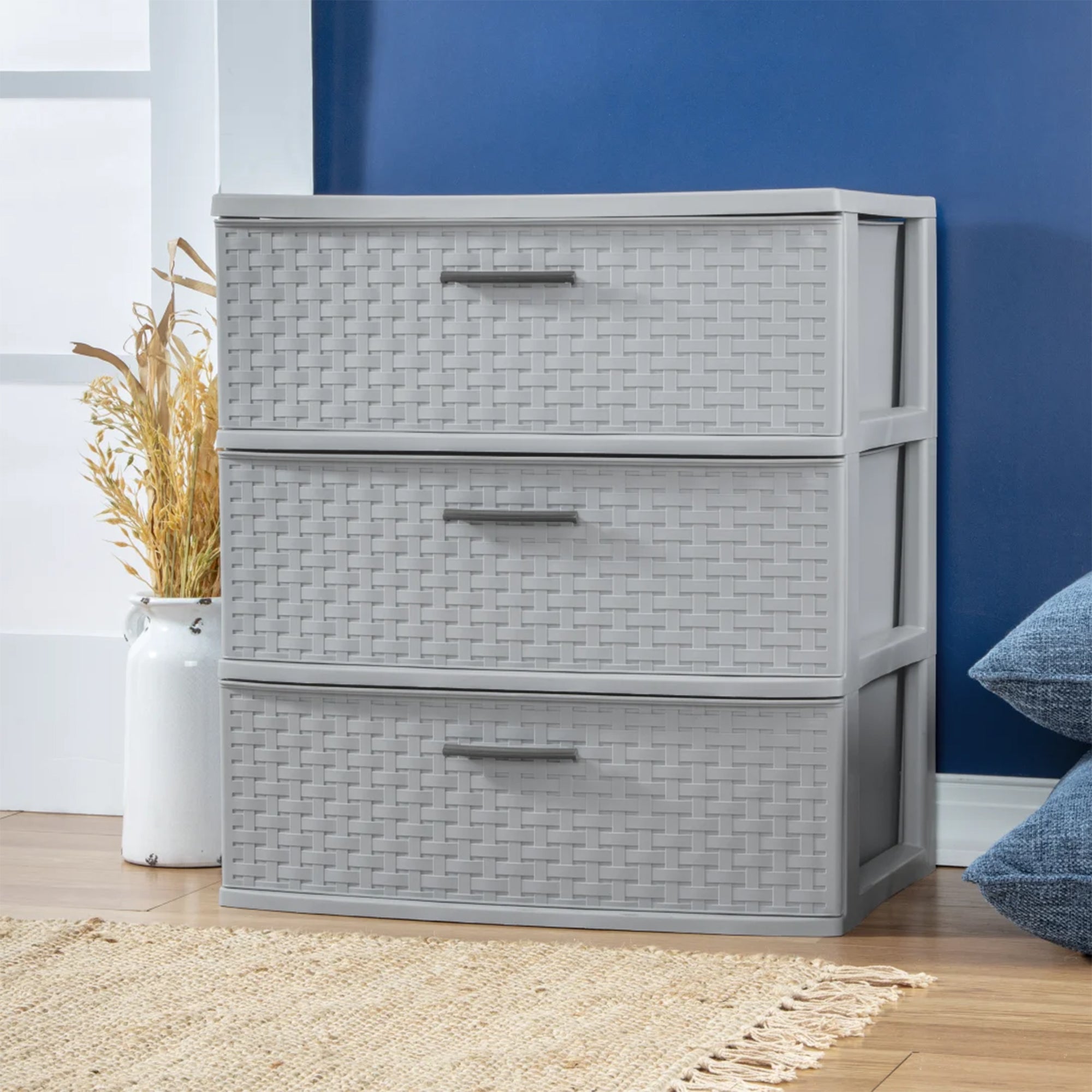 Sterilite 3 Drawer Wide Storage Tower, Plastic Weave Organizer, Cement, 2 Pack