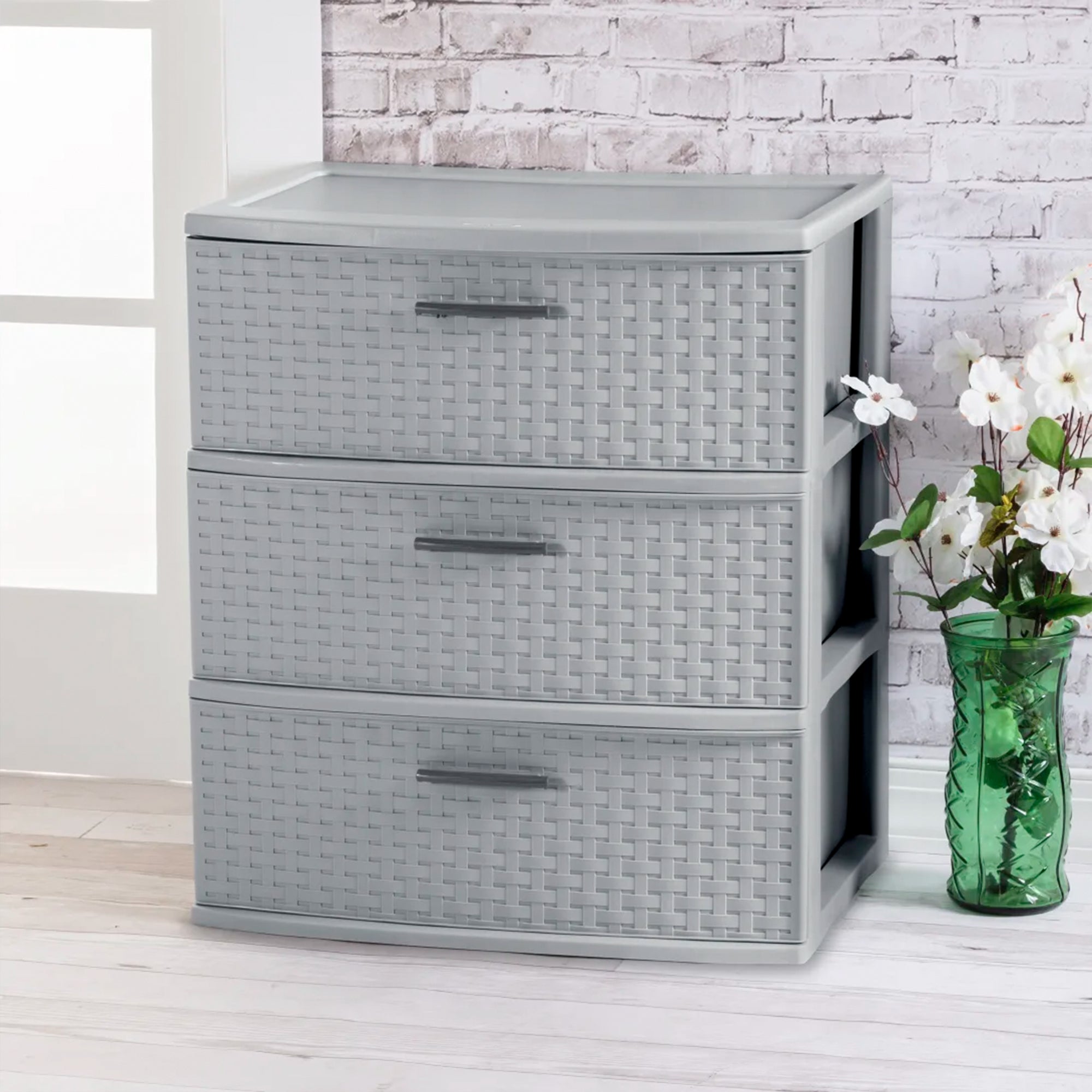 Sterilite 3 Drawer Wide Storage Tower, Plastic Weave Organizer, Cement, 4 Pack