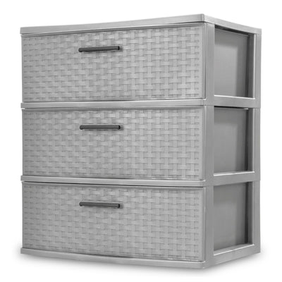 Sterilite 3 Drawer Wide Storage Tower, Plastic Weave Organizer, Cement, 2 Pack