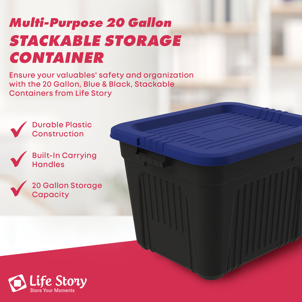 Life Story 20 Gallon Stackable Storage Bin, Versatile Lidded Container, Blue - VMInnovations