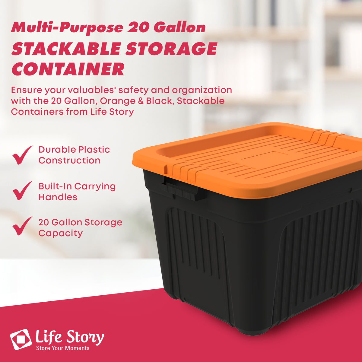 Life Story 20 Gallon Stackable Storage Bin, Versatile Lidded Container, Orange - VMInnovations
