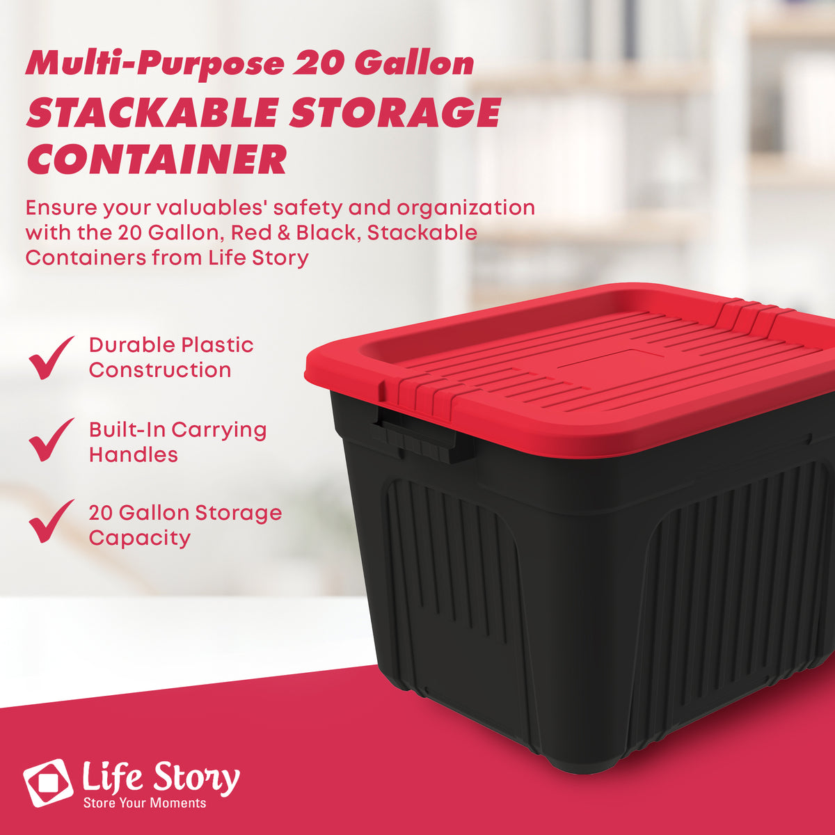 Life Story 20 Gallon Stackable Storage Bin, Versatile Lidded Container, Red - VMInnovations