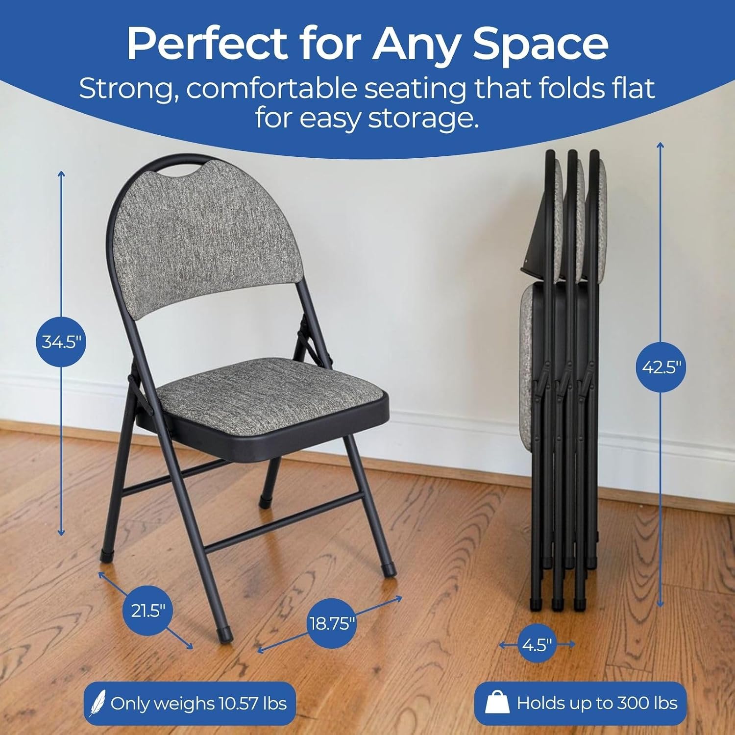Sudden Comfort Set of 4 Double Padded Steel High Back Folding Chairs, Black/Grey