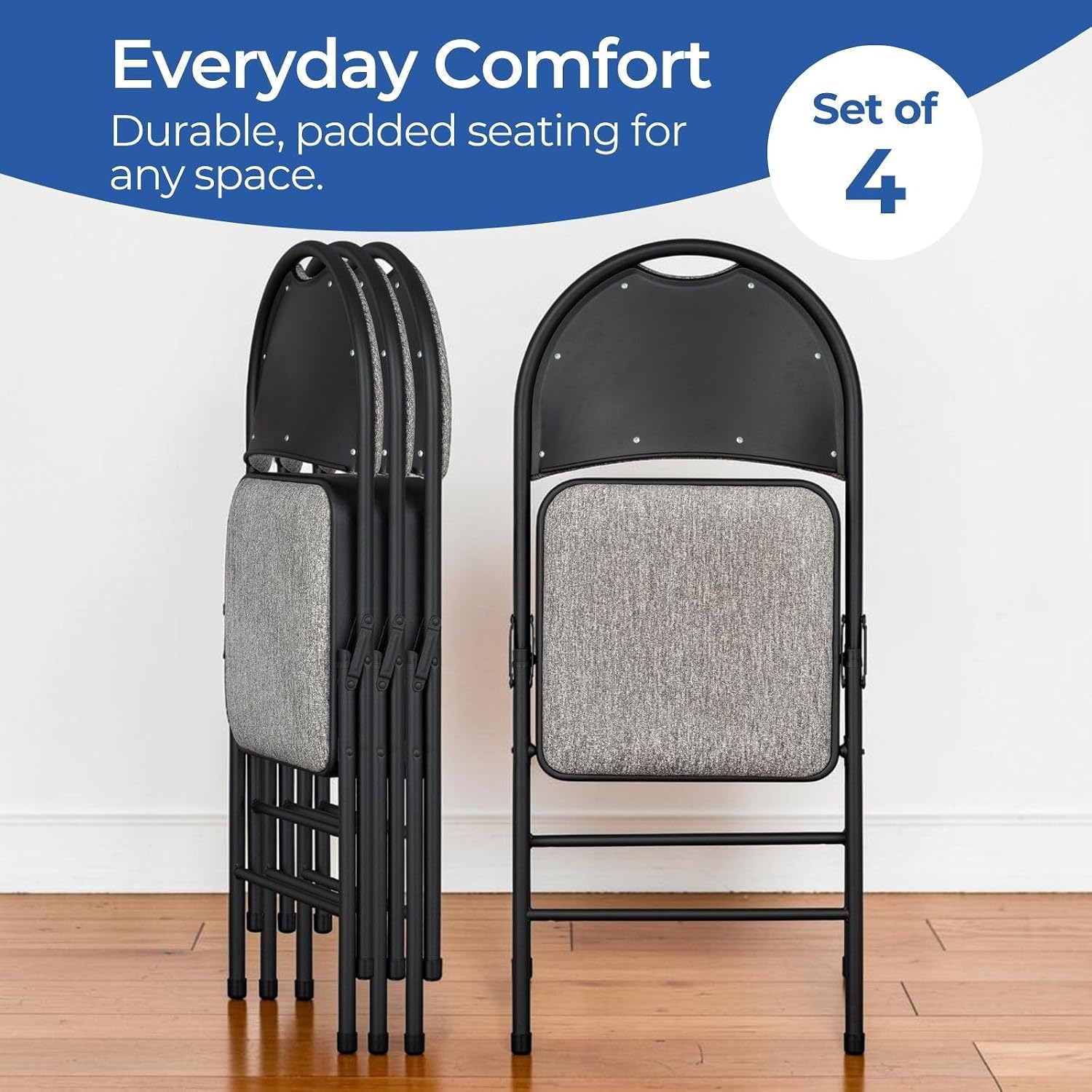 Sudden Comfort Set of 4 Double Padded Steel High Back Folding Chairs, Black/Grey