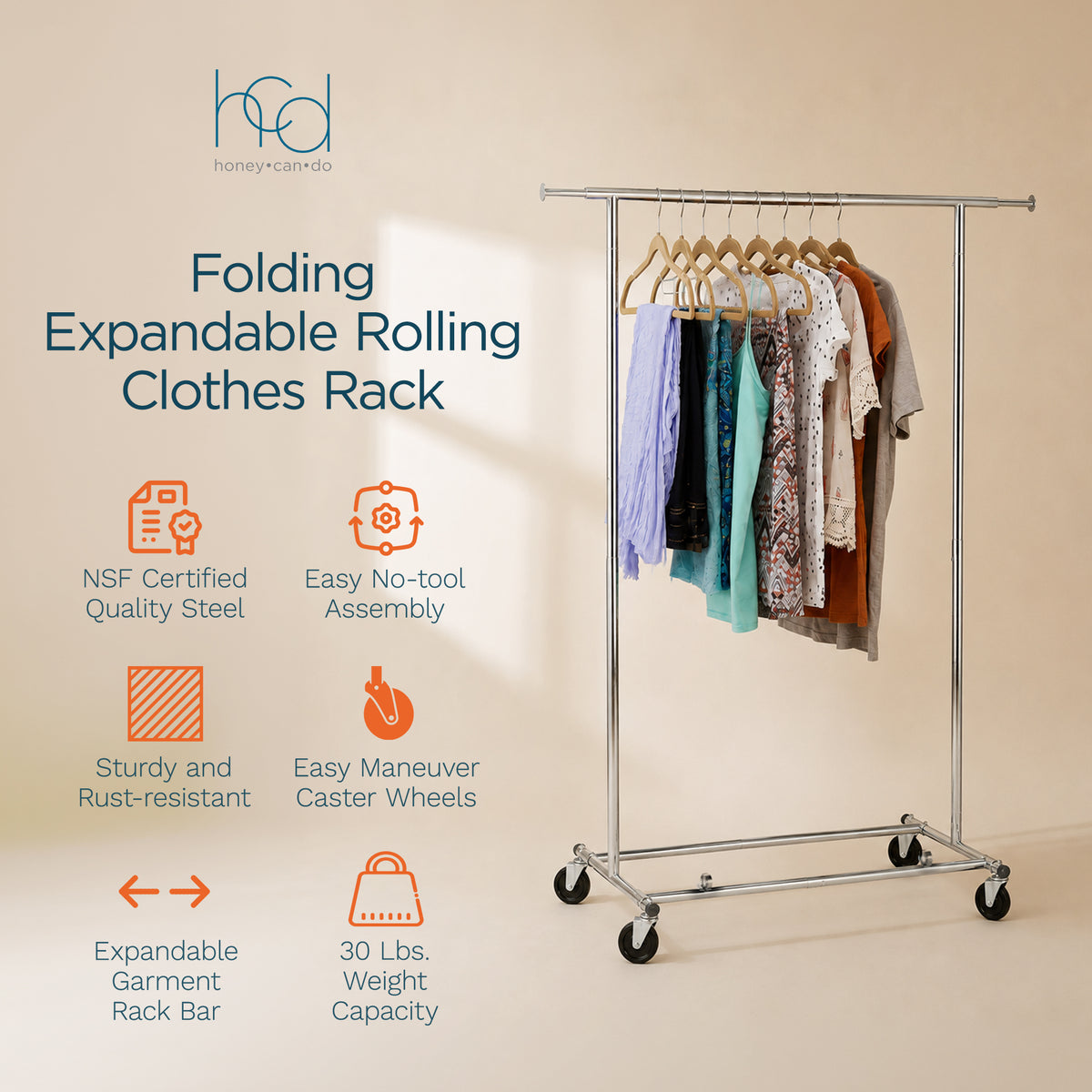 Honey-Can-Do Collapsible Expandable Rolling Garment Rack with Wheels, Chrome