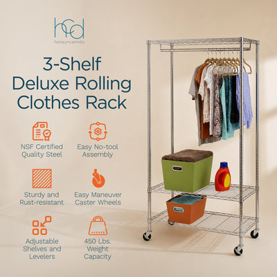 Honey-Can-Do 3-Shelf Deluxe Garment Rack, Adjustable Shelves and Locking Wheels