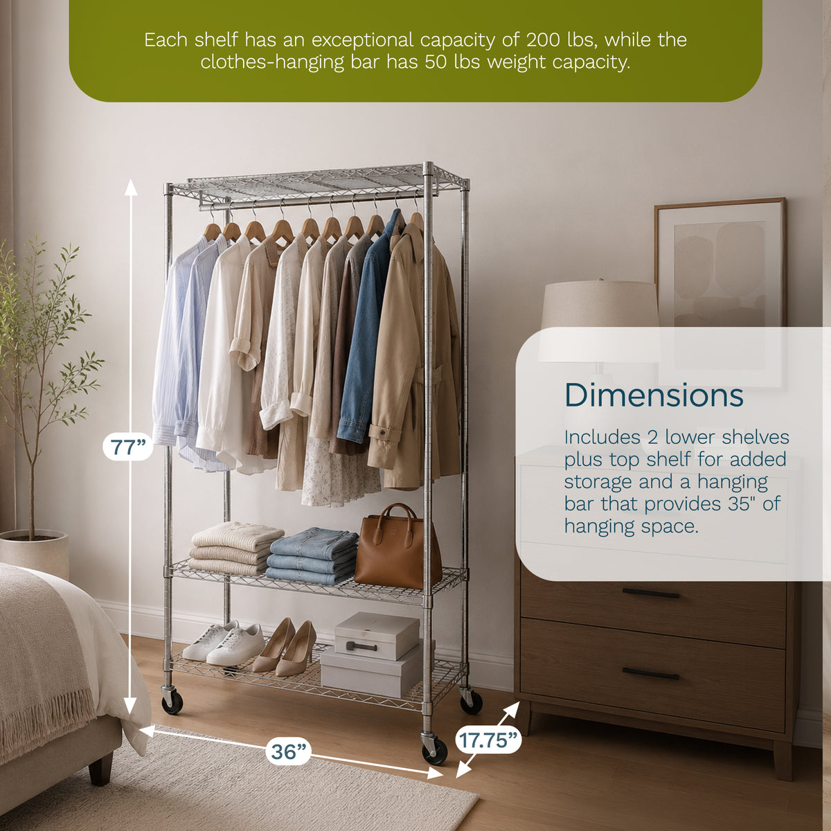 Honey-Can-Do 3-Shelf Deluxe Garment Rack, Adjustable Shelves and Locking Wheels