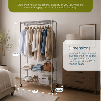 Honey-Can-Do 3-Shelf Deluxe Garment Rack, Adjustable Shelves and Locking Wheels