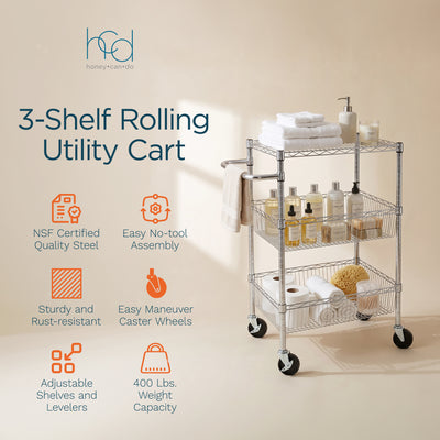 Honey-Can-Do 3 Shelf Chrome Steel Wire Storage Cart with 4" Locking Casters