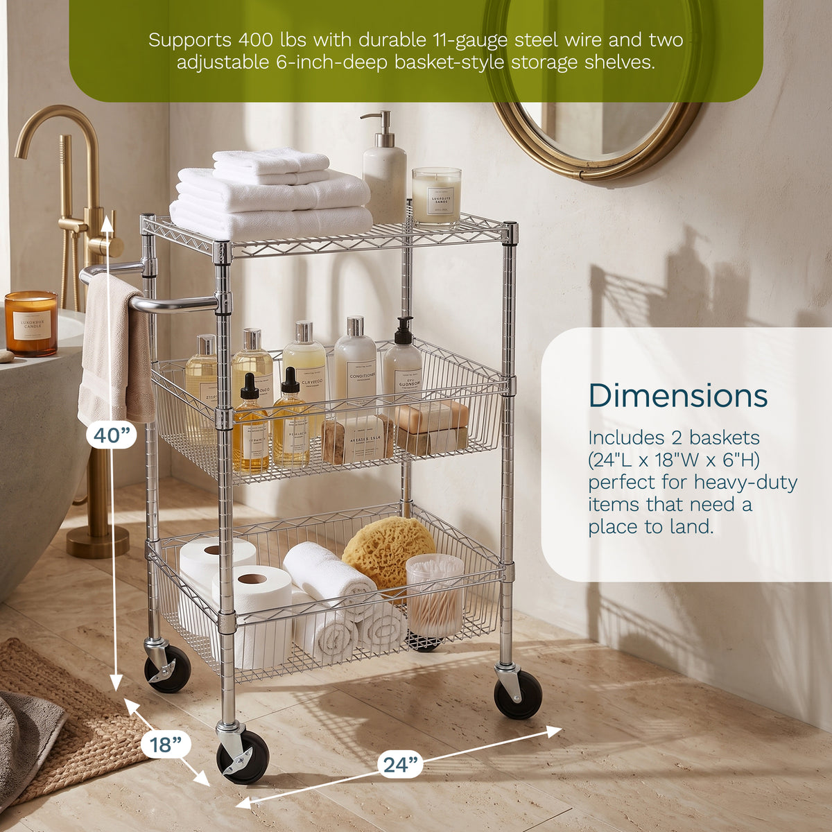Honey-Can-Do 3 Shelf Chrome Steel Wire Storage Cart with 4" Locking Casters
