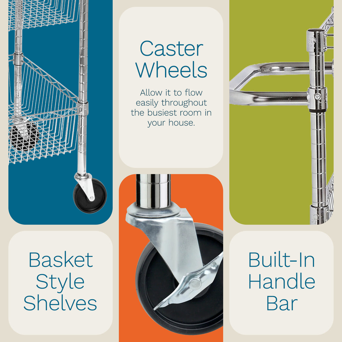Honey-Can-Do 3 Shelf Chrome Steel Wire Storage Cart with 4" Locking Casters