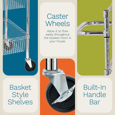 Honey-Can-Do 3 Shelf Chrome Steel Wire Storage Cart with 4" Locking Casters