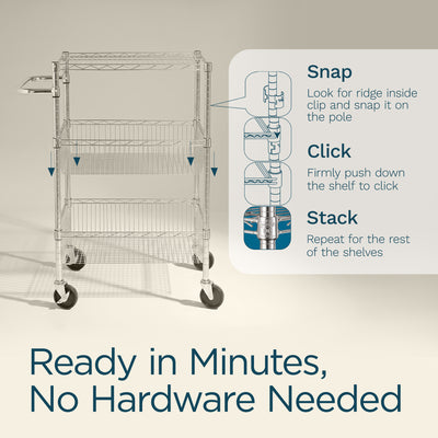 Honey-Can-Do 3 Shelf Chrome Steel Wire Storage Cart with 4" Locking Casters