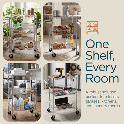 Honey-Can-Do 3 Shelf Chrome Steel Wire Storage Cart with 4" Locking Casters
