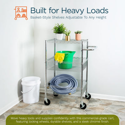 Honey-Can-Do 3 Shelf Chrome Steel Wire Storage Cart with 4" Locking Casters