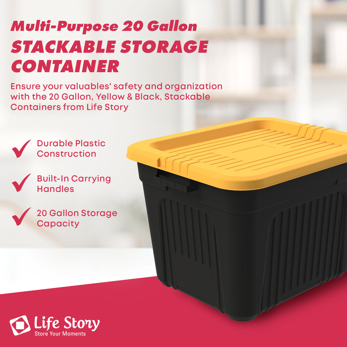 Life Story 20 Gallon Stackable Storage Bin, Versatile Lidded Container, Yellow - VMInnovations